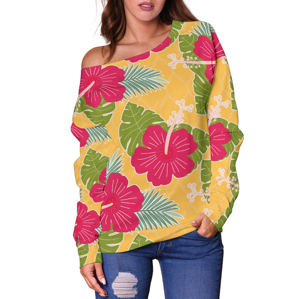 Women Teen Off Shoulder Sweater Floral Tropical 1-04