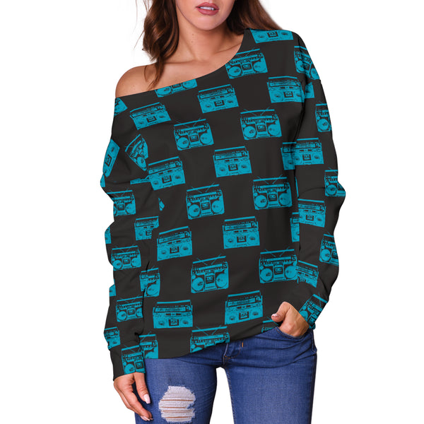 Women Teen Off Shoulder Sweater 80s Boombox 08