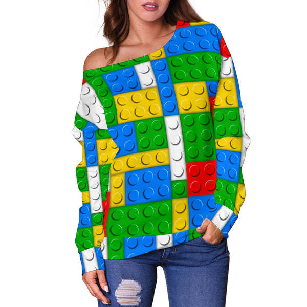 Women Teen Off Shoulder Sweater Legos Building Blocks 02 Brick Pattern