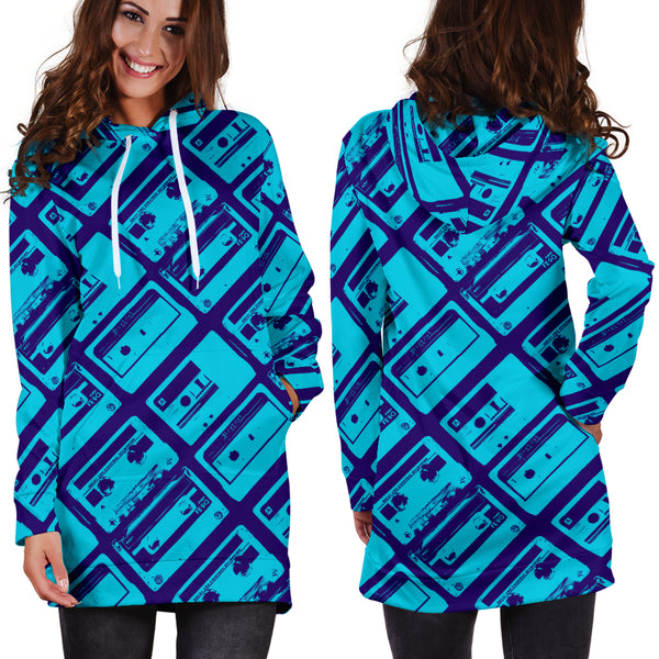 Studio11Couture Women Hoodie Dress Hooded Tunic 80s Sky Blue Boombox Athleisure Sweatshirt