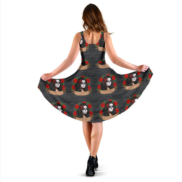 Women's Dress, No Sleeves, Custom Dress, Midi Dress, Sugar Skull 03