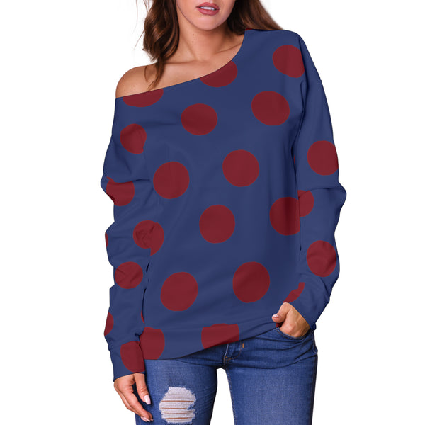Women Teen Off Shoulder Sweater Snow White Polka Dots