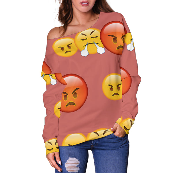 Women Teen Off Shoulder Sweater Emojis Angry