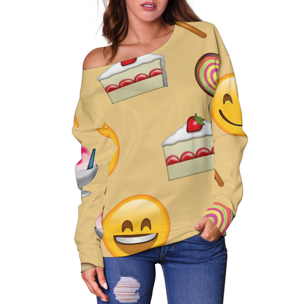 Women Teen Off Shoulder Sweater Emojis Sweets