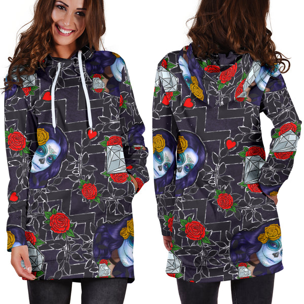 Studio11Couture Women Hoodie Dress Hooded Tunic Sugar Skull Chevron Athleisure Sweatshirt