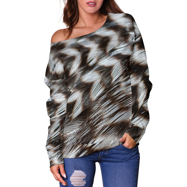 Women Teen Off Shoulder Sweater Feather 1-01