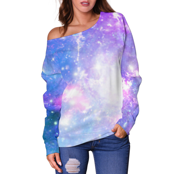 Women Teen Off Shoulder Sweater Pastel Galaxy 5