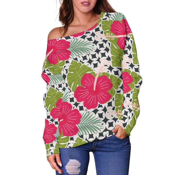 Women Teen Off Shoulder Sweater Floral Tropical 1-07