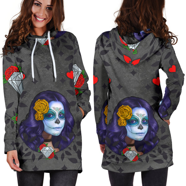 Studio11Couture Women Hoodie Dress Hooded Tunic Sugar Skull Diamond Red Athleisure Sweatshirt