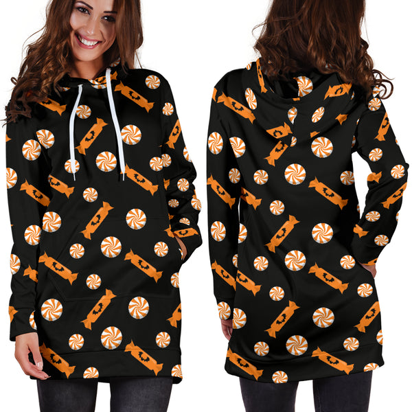 Studio11Couture Women Hoodie Dress Hooded Tunic Orange Trick Or Treat Candy Athleisure Sweatshirt