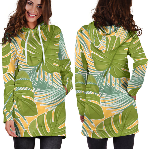 Studio11Couture Women Hoodie Dress Hooded Tunic Tropical Palm Leaves Athleisure Sweatshirt