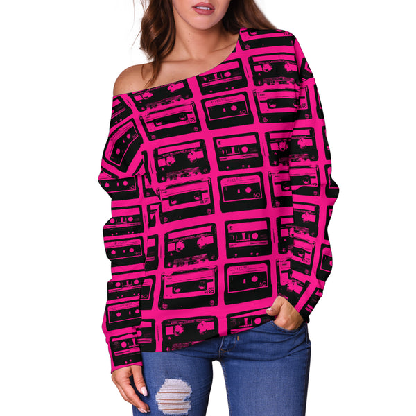 Women Teen Off Shoulder Sweater 80s Boombox 02