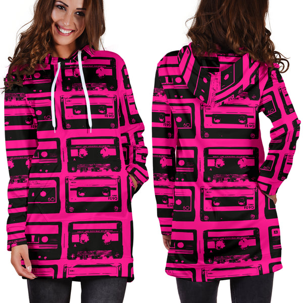 Studio11Couture Women Hoodie Dress Hooded Tunic 80s Fuchsia Boombox Athleisure Sweatshirt