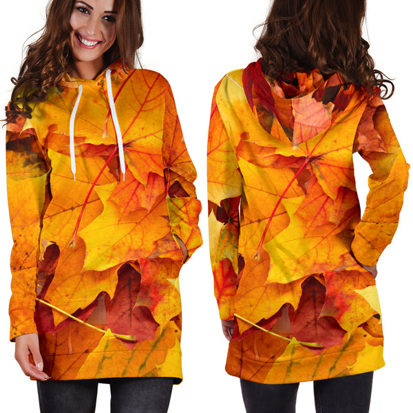 Studio11Couture Women Hoodie Dress Hooded Tunic Maple Leaves Nature Athleisure Sweatshirt