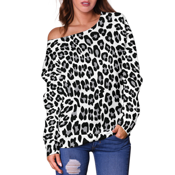 Women Teen Off Shoulder Sweater Leopard Print Digital Paper 01
