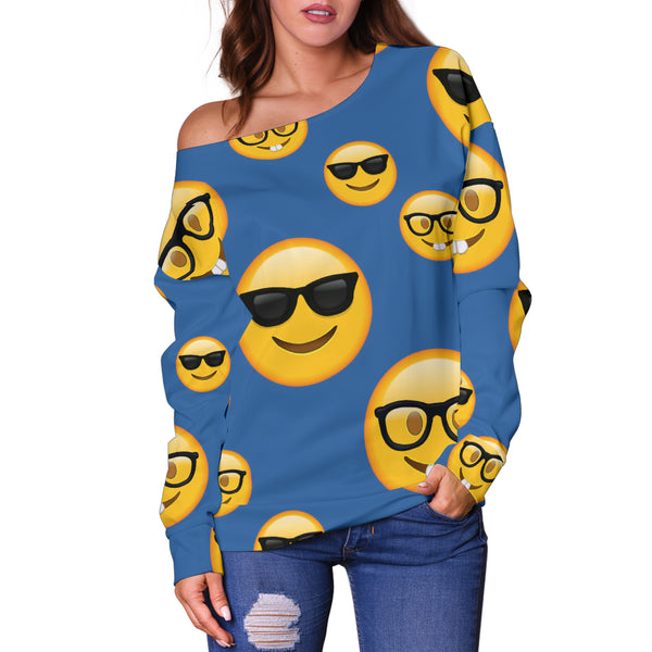 Women Teen Off Shoulder Sweater Emojis Glasses