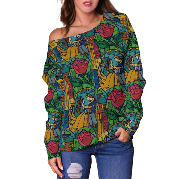 Women Teen Off Shoulder Sweater Beauty And The Beast 1 Stained-Glass
