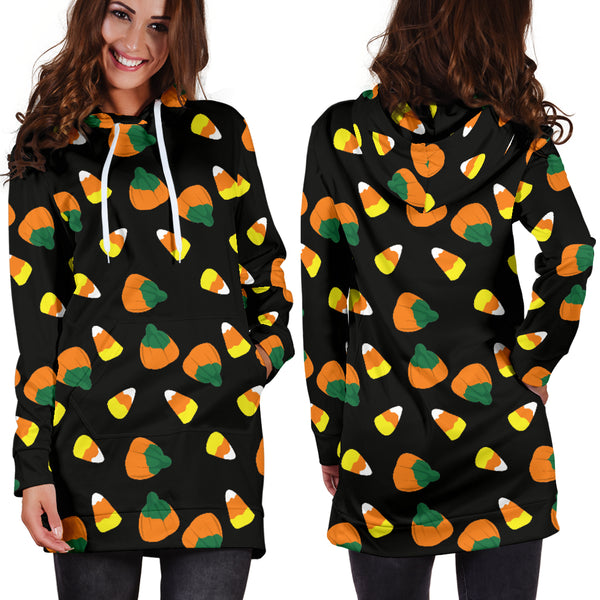 Studio11Couture Women Hoodie Dress Hooded Tunic Candy Corn Halloween Athleisure Sweatshirt