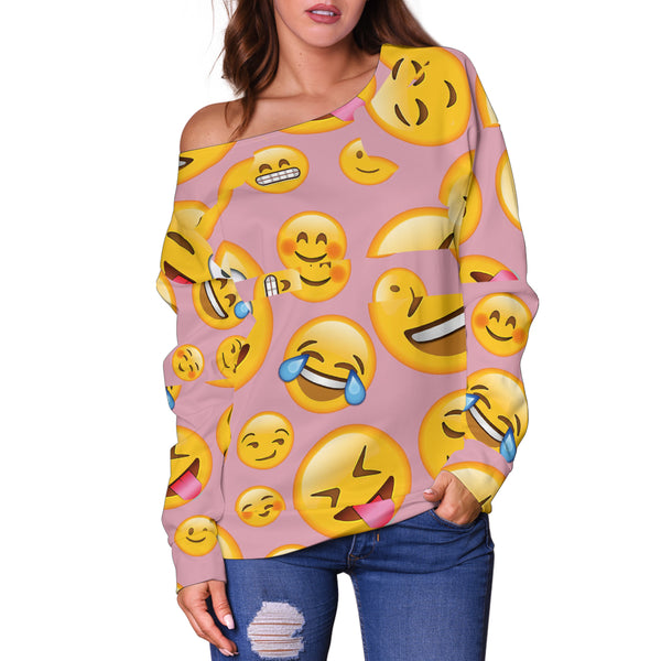 Women Teen Off Shoulder Sweater Emojis Happy