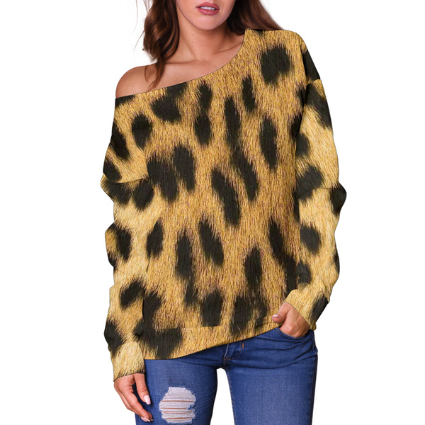 Women Teen Off Shoulder Sweater Animal Skin Texture 1-04