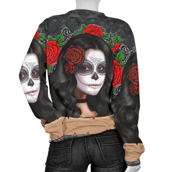 Custom Made Printed Designs Women's (W8) Sweater Sugar Skull