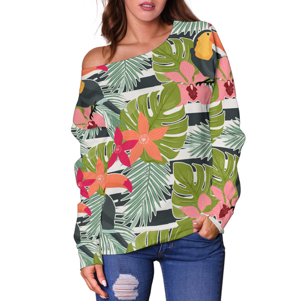 Women Teen Off Shoulder Sweater Floral Tropical 1-10