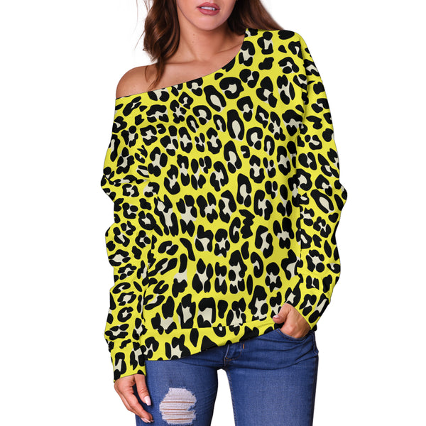 Women Teen Off Shoulder Sweater Leopard Print Digital Paper 05