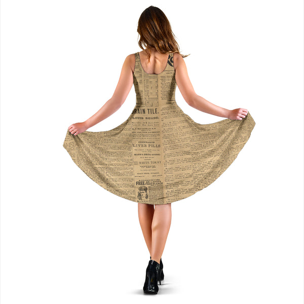 Women's Dress, No Sleeves, Custom Dress, Midi Dress, Old Newspaper 06
