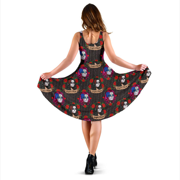 Women's Dress, No Sleeves, Custom Dress, Midi Dress, Sugar Skull 13