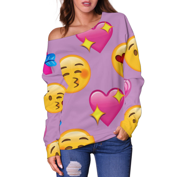 Women Teen Off Shoulder Sweater Emojis Love