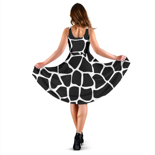 Women's Dress, No Sleeves, Custom Dress, Midi Dress, Animal Print Black and White 04