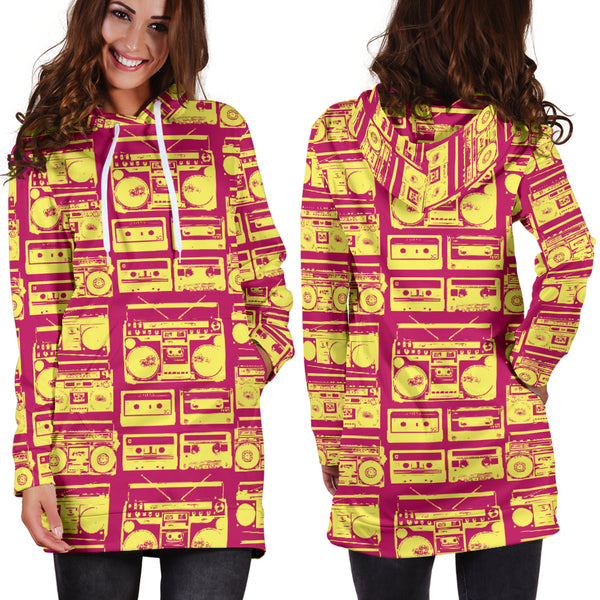 Studio11Couture Women Hoodie Dress Hooded Tunic 80s Yellow Boombox Athleisure Sweatshirt