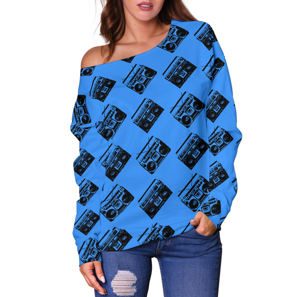 Women Teen Off Shoulder Sweater 80s Boombox 01