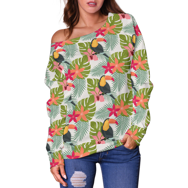 Women Teen Off Shoulder Sweater Floral Tropical 1-06