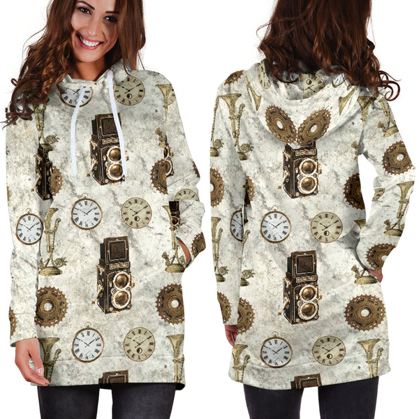 Studio11Couture Women Hoodie Dress Hooded Tunic Old Television Steampunk Athleisure Sweatshirt