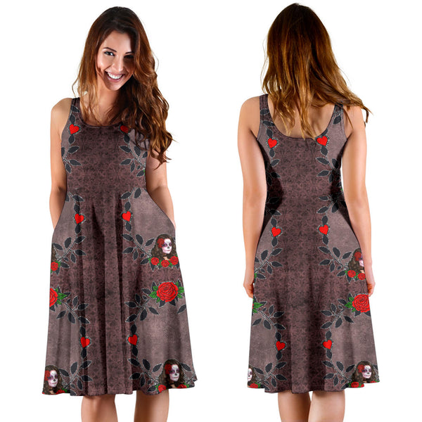 Women's Dress, No Sleeves, Custom Dress, Midi Dress, Sugar Skull 04