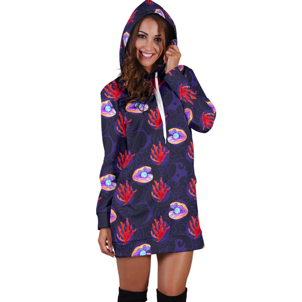 Studio11Couture Women Hoodie Dress Hooded Tunic Clam Pearl Athleisure Sweatshirt