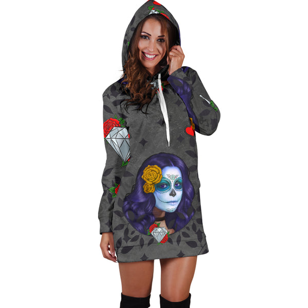 Studio11Couture Women Hoodie Dress Hooded Tunic Sugar Skull Diamond Red Athleisure Sweatshirt