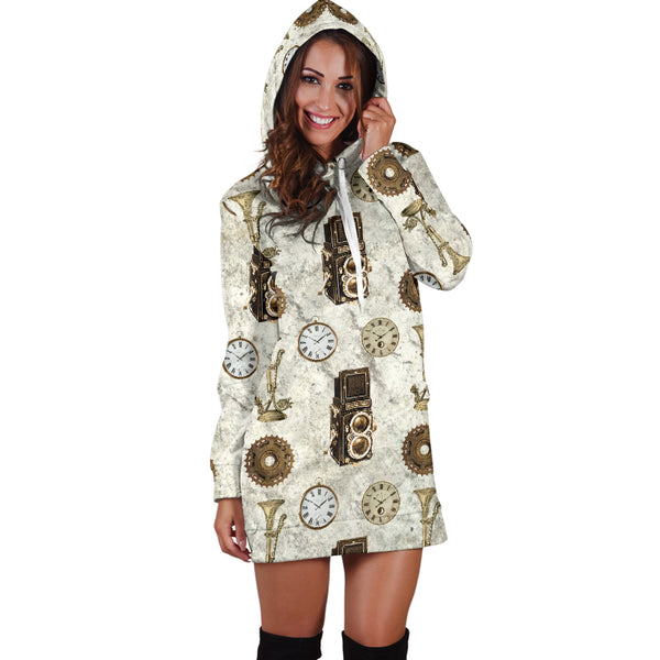 Studio11Couture Women Hoodie Dress Hooded Tunic Old Television Steampunk Athleisure Sweatshirt