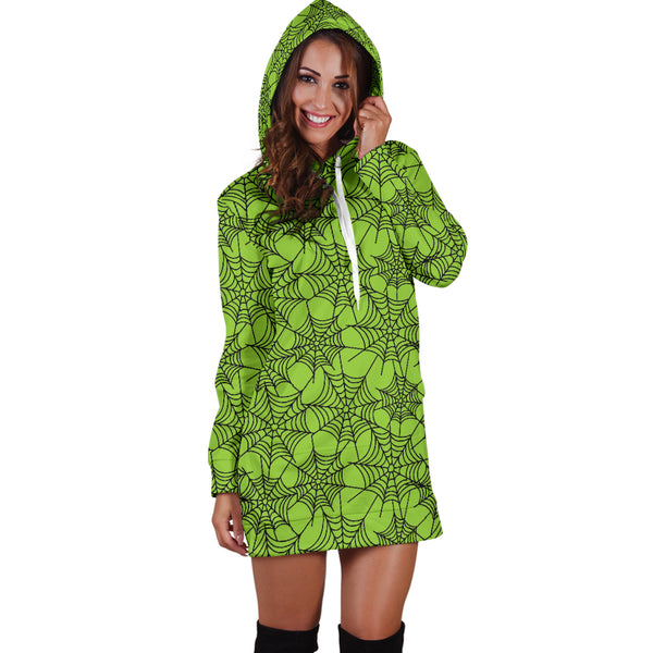 Studio11Couture Women Hoodie Dress Hooded Tunic Green Spider Web Halloween Athleisure Sweatshirt