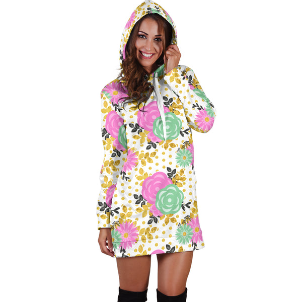Studio11Couture Women Hoodie Dress Hooded Tunic Stunning Pink Floral Spring Athleisure Sweatshirt