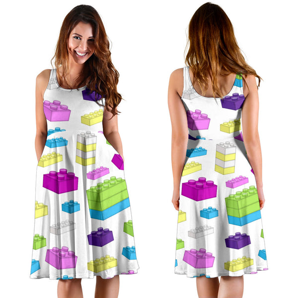 Women's Dress, No Sleeves, Custom Dress, Midi Dress, Lego Building Blocks Pastel 09