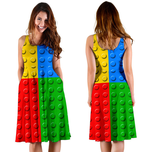 Women's Dress, No Sleeves, Custom Dress, Midi Dress, Lego Building Blocks 08