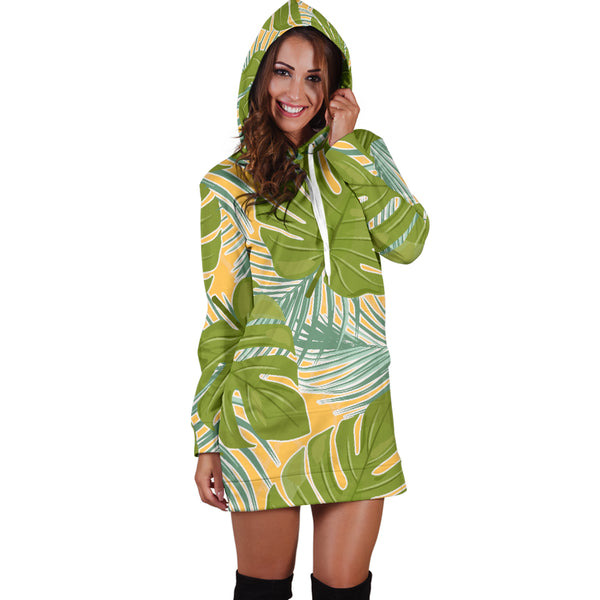Studio11Couture Women Hoodie Dress Hooded Tunic Tropical Palm Leaves Athleisure Sweatshirt