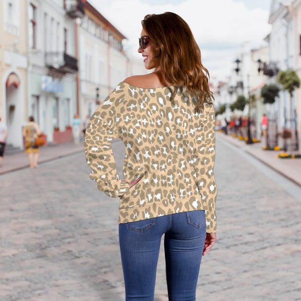 Women Teen Off Shoulder Sweater Leopard Print Digital Paper 04