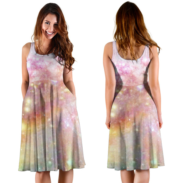 Women's Dress, No Sleeves, Custom Dress, Midi Dress, Pastel Galaxy 09