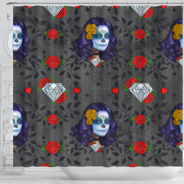Sugar Skull Diamond Red Rose Shower Curtain - STUDIO 11 COUTURE