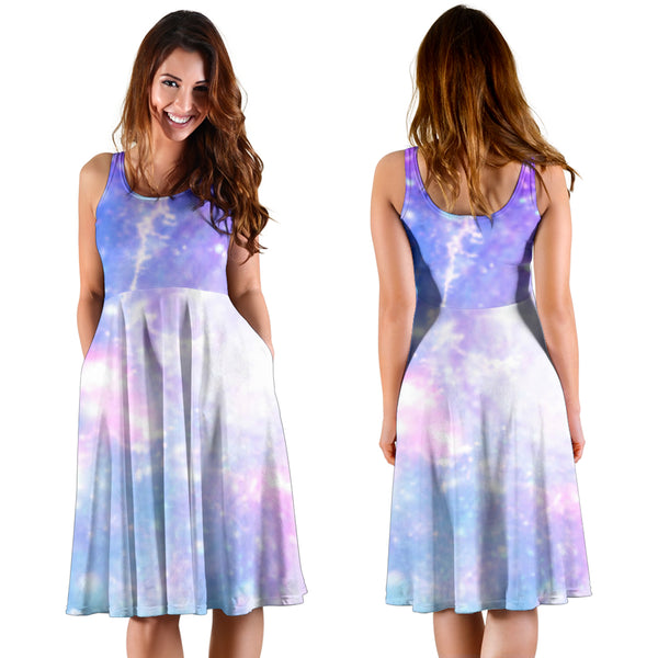 Women's Dress, No Sleeves, Custom Dress, Midi Dress, Pastel Galaxy 05