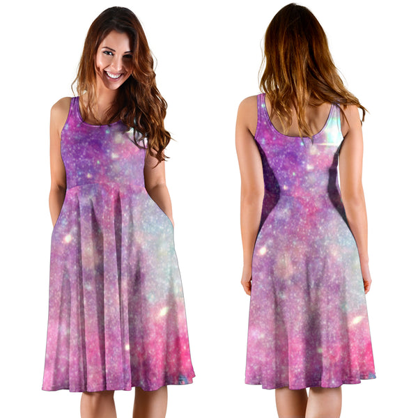 Women's Dress, No Sleeves, Custom Dress, Midi Dress, Pastel Galaxy 04
