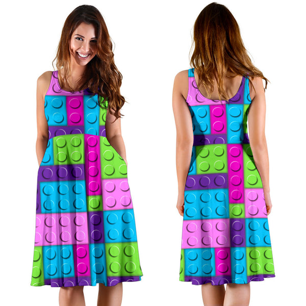 Women's Dress, No Sleeves, Custom Dress, Midi Dress, Lego Building Blocks Pastel 02